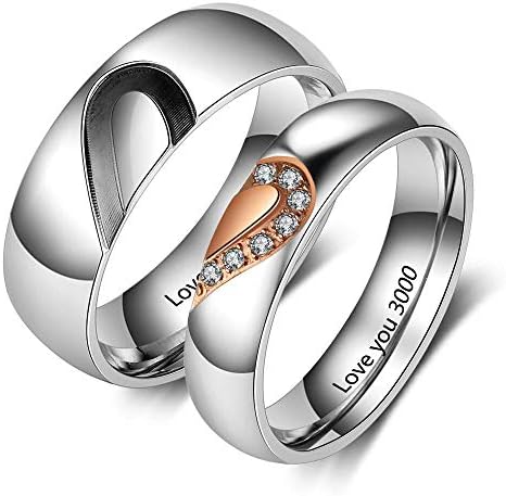 Personalized Couples Matching Heart Promise Ring Set for Him and Her Stainless Steel Engraved Names Engagement Wedding Band Rings for Women (JS000647)
