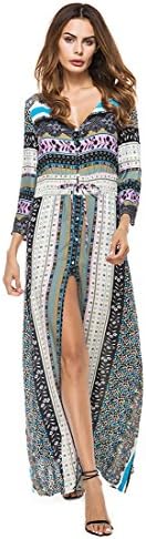 Elezay Women's v-Neck Graphic Three-Quarter-Sleeve Long Maxi Dress, Purple, Large