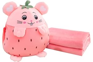 YUDONG Kids Stuffed Animal Travel Blanket and Pillow Set, Adorable 3 in 1 Multifunctional Fruit Plush Pillow with Hand Warmer Design, Perfect for Travel, Camping, Car, Home and Office (15") (Pink)