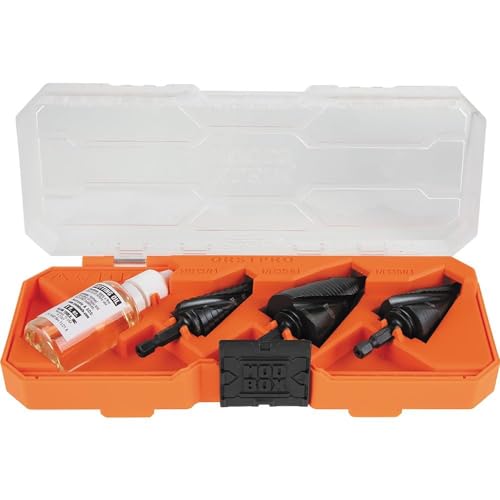 Klein Tools QRSTSPRO Premium 3-Piece Electrician’s Step Bit Set with Cutting Oil, Modular Case, Impact Rated Quick Release, Double Spiral Flutes