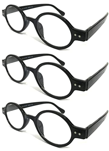 TWINKLE TWINKLE Unisex Retro Small Round Oval Design 15 Colours Available Reading Glasses/Spring Hinge R887 (3 Pairs Black, 1.50 Magnification)