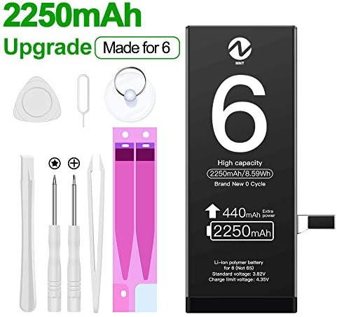 ZMNT Battery fit iPhone 6 2250mAh, New Version Replacement Battery with High Capacity for iPhone 6 with Full Remove Tool Kit and Adhesive - 12 Months Warranty (Only for iPhone 6)