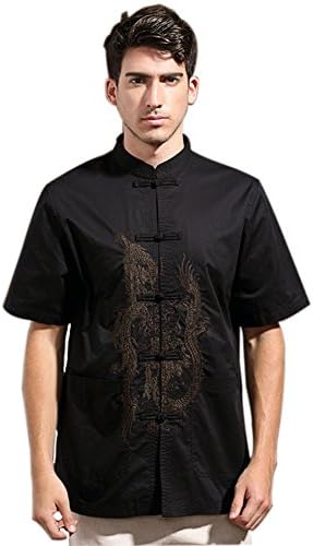 Mens Chinese Kung Fu Short Sleeve Cotton Tang Shirt with Dragon Embroidery Black Size S