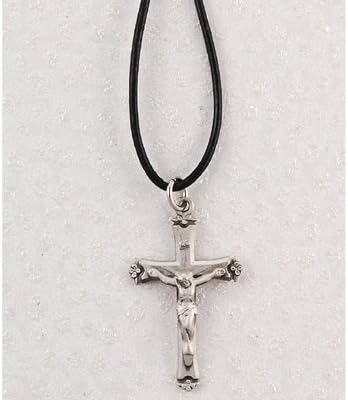Hand Engraved New England Pewter Medal Crucifix Cross Medal on a 18" Black Leather Cord.