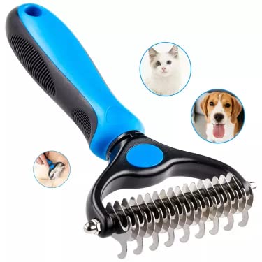 Dematting Comb Grooming Tool 2 Sided Deshedding Comb Undercoat Rake to Remove Loose Knots Mats Tangles Hairs for Pets Dog Cat Blue