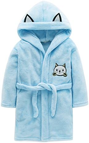 Rohern Cute Cat Hooded Bathrobe Kids Fleece Pajamas Sleepwear Blue 140