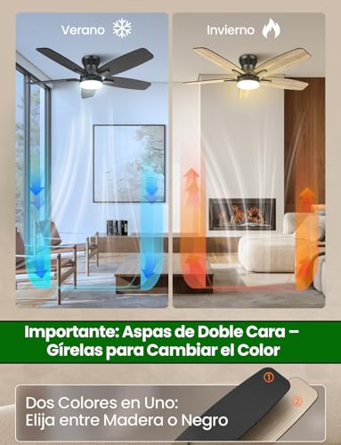 Airwit Ventilador de Techo con Luz de 106cm, 42 Inch Ceiling Fan, Abanicos de Techo Montaje Empotrado con Control Remoto, 6 Velocidades, Luz LED de 3 Colores, 5 Cuchillas, Motor CC Reversible, Negro