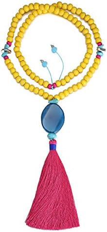 eManco Bohemian Handmade Tassel Long Pendant Statement Necklaces for Women Wood Bead Jewelry Fuschia