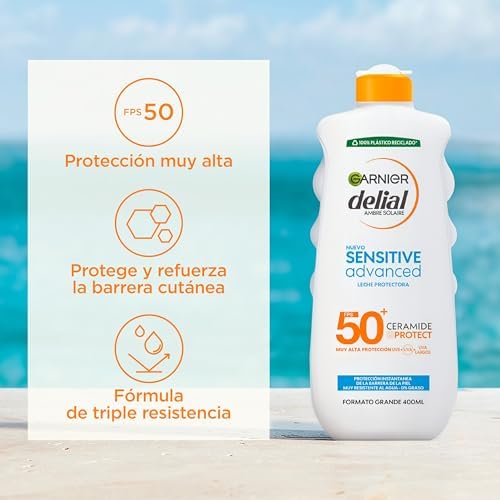 Garnier Delial Sensitive Advanced - Leite Solar para Pele Justa, Sensível e Intolerante ao Sol, Alta Proteção IP50+ - 400 ml