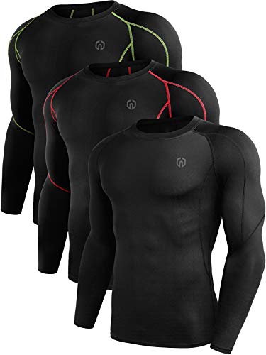Neleus Men's 3 Pack Compression Workout Long Sleeve Shirts,5030,Black,Red Stripe,Green Stripe,US S,EU M