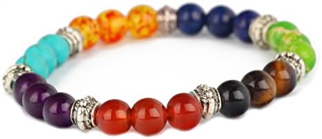7 Chakras Bracelet Reiki ranging Balancing Round Beads. red Agate &Resin Amber & Natural Tigereye & Emperor Stone & Blue Turquoise & Lapis Lazuli Stone & Purple Crystal. Handmade