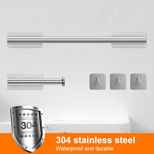 Self-Adhesive Towel Rail, 5-Piece Bathroom Accessories Kit, 16 inch/40cm Wall-Mounted Towel Holder, Toilet Paper Holder and 3 Towel Hooks, 304 Stainless Steel, Bath Hardware Hand Towel Bar