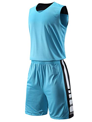 yingfeg bb Basketball Tank Tops Reversible Shorts Sports Jersey Shirts w/Shorts for Men Light Blue/Black XL