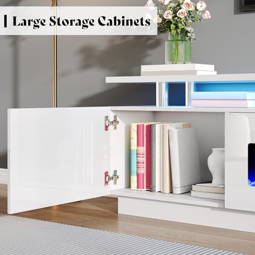 Jocisland Fireplace TV Stand with 50" Fireplace, 90" Modern High Gloss Fireplace Entertainment Center LED Lights, 2 Tier TV Console Cabinet for TVs Up to 100", All White