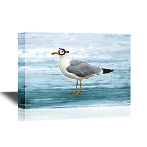 Canvas Wall Art - Seagull with Goggles of Pilot on Seascape Background - Gallery Wrap Modern Home Art | Ready to Hang - 12x18 inches