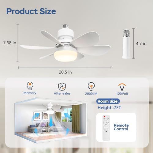 Ceiling Fan with Light and Remote Control,30W Dimmable LED Fan Lights,E27 Socket Fan Light with Remote,3 Speeds,3 Color Temperatures,Timing,3000-6000K Dimmable,Quiet DC Motor for Parlor,Bedroom