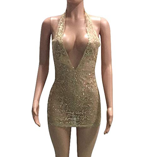 HUAMING-Clearance New Mesh Dresses,Sexy Womens Halter Dress Deep V Party Nightclub Dress Backless Sequins Mini Dress (L, Gold) - Thumbnail 2