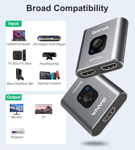 GANA HDMI Splitter, 4K HDMI Switch 2 in 1 Out or 1 in 2 Out, Aluminum Switcher for TV/PC/Laptop/DVD/PS4/PS3/Xbox 360/Xbox One/TV Stick/Gaming box/Blu-Ray-Player/Projector
