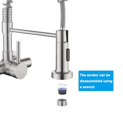 Tondiy 11cm Wall Mounted Kitchen Mixer Tap with Flexible Spout, 2 Jet Types | 360° Rotatable Stainless Steel Kitchen Tap | Ceramic Cartridge | Single Handle Brushed