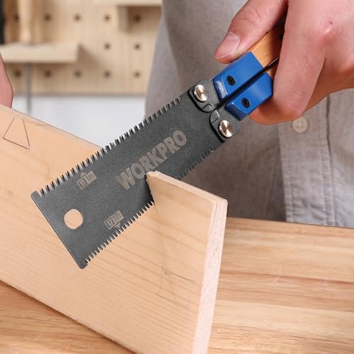 WORKPRO Japanese Folding Saw 310mm, Double Sided Pulling Saw 11/17 TPI | SK5 Flexible Steel Blade, Beech Wood Non-Slip Handle, Precise Wood Saw for Carpentry, Gardening and Camping