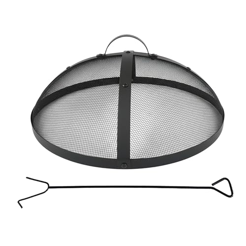 Relaxdays spark guard for fire bowl, Ø 50 cm, incl. fire poker, with handle, round, steel, black