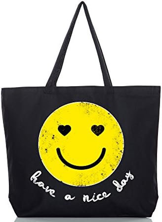 KLKD A093 Women's Eco-Friendly Printed Heavy Canvas Tote Bag Black Smile One Size