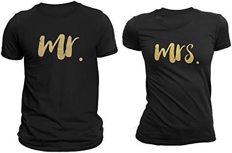 Mr. &amp; Mrs. Gold Design Matching Couple T-shirts Black Set of 8