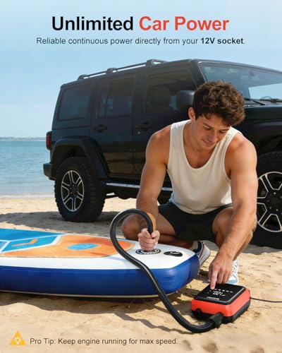 BESCOST 20PSI Paddle Board Electric Pump, 12V Dual Stage SUP Pump & Deflator, 300L/min Auto-Off for Inflatable Kayaks, Boats, Tents and Stand Up Paddle Boards