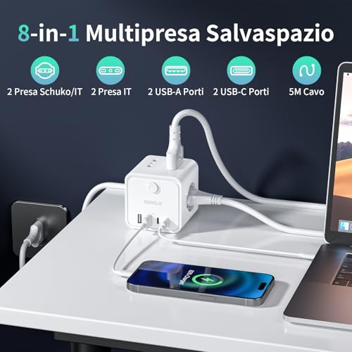 Power Strip with 4 Universal Sockets 10/16A ITA and Schuko, 5 m Electrical Extension Cable with 2 USB A+2 USB C, Multiple Plug Flat Space-Saving with Switches for Home, Office, Black