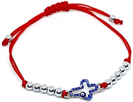 Red String Bracelet with Blue Cross and Evil Eye. Accented with White Steel Beads. Adjustable Length.