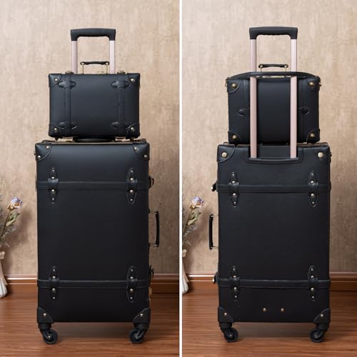 urecity Vintage Travel Suitcase Set with Digital Lock Luxury Cute Retro Cabin Luggage Sets 4 Wheels Suitcase (Black, S(12")+L(26"))