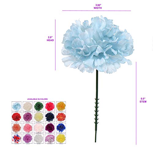 Larksilk Blue Silk Carnation Picks, Artificial Flowers for Weddings, Decorations, DIY Decor, 100 Count Bulk, 3.5" Carnation Heads with 5" Stems