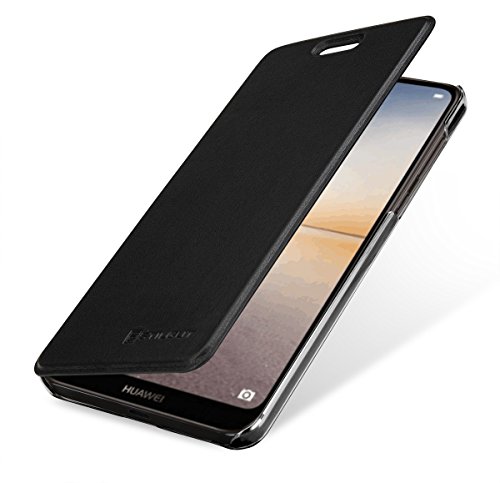 StilGut Huawei P20 Lite Case. Book Flip Case for Huawei P20 Lite Made of Leather and PC with NFC/RFID Blocker, Black/Transparent