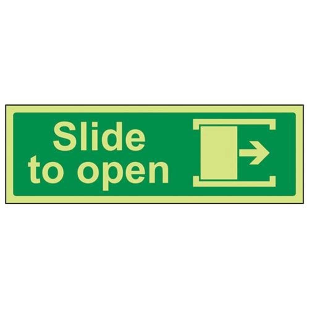 V Safety Glow In The Dark Slide To Open (Right) Door Sign - 300mm x 100mm - Self Adhesive Vinyl