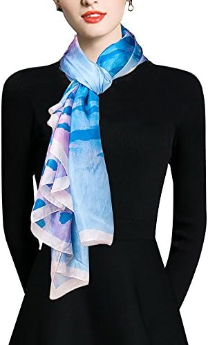 EcoWonder Women's Functional Long 100% Premium Silk Scarf Iridescence Azure Gradient