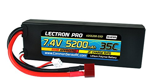 Common Sense RC (2 Pack) Lectron Pro 7.4V 5200mAh 35C Lipo Battery with Deans-Type Connector for 1/10 Scale Cars, Trucks, and Buggies
