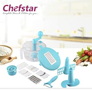 Chefstar Multi 14-Piece Manual Vegetable Food Processor, Dough Kneader- Blue