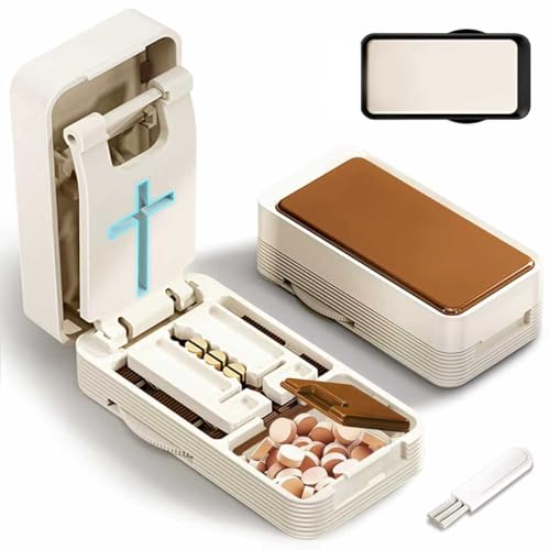 Cortador de Pastillas con Hoja Oculta, Evita Cortes en las Manos, Cortador de Pastillas Ajustable, Corte Preciso de Medicamentos, Divide en 2/4 Partes, para la Mayoría de las Tabletas (Blanco Marron)
