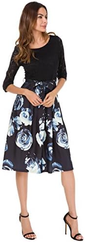 Women's Vintage 1950s 3/4 Sleeve Lace Floral Printed Cocktail Evening Dress (XXL, Black)