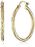 Goldtone Finish Silver Diamond-Cut Clicktop Hoop Earrings