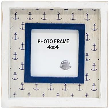 Nautical Anchors Blue Cream 8 x 8 Inch Wood Hanging Shadow Box Photo Frame
