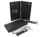 Bifold Black Genuine Leather Checkbook Holder Snap Button Wallet with a Chain
