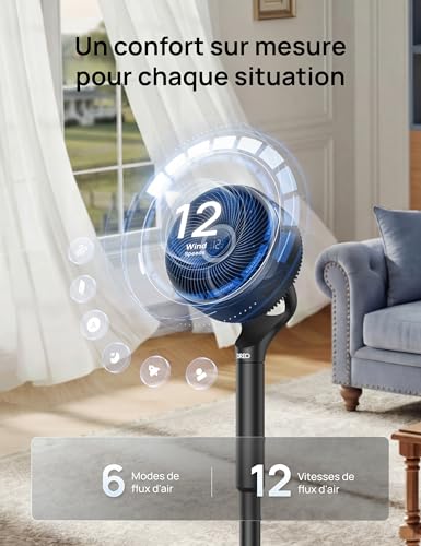 DREO Smart Pedestal Fan for Bedroom, 3D Oscillation 150°+100°, CirculAir Range 36.6m, Silent DC Motor, 12 Speed, 6 Modes, 20 dB, Remote Control, Timer 12 Hours