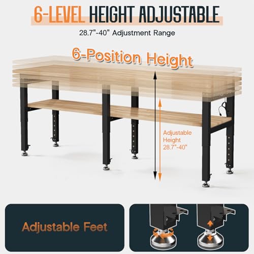SPECRAFT Adjustable 2-Tier Workbench with 4 AC Outlet and 2 USB Ports Power Outlets, 2000 Lbs Capacity Heavy Duty Workbench, Rubber Wood Top for Garage, Workshop, Office（84x20in）