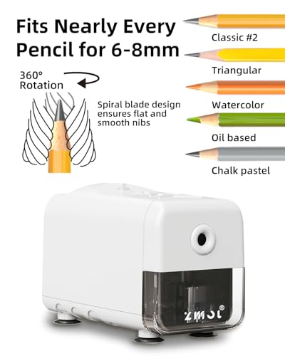ZMOL Electric Pencil Sharpener, Heavy Duty Classroom Plug-in Sharpener, 10000 Uses, 3 Sharpness Settings, Auto Stop, Fast Sharpening for 6.5-8mm Coloured Pencils, Teachers/Kids/School/Desktop, White