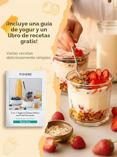 FOHERE Yogurt Maker with 2 XXL Jars Capacity 2000 ml and 1400 ml, 4 x 125 ml Cups and Lid, 8 Preset Programs, LCD Display, Timer, Power 20 W, BPA-Free
