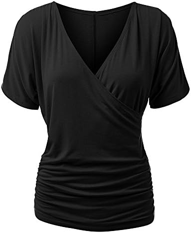 SEENSUN Women's V Neck Short Sleeve Wrap Front Top Bat Sleeve Blouse Black XXL