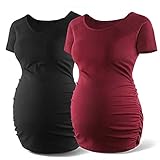 Women's Stretchy Short Sleeve Ruched Maternity Shirts Pregnancy T Shirt Top Mamma Casual Clothes Tee Mom Gift,Black/Wine Red S