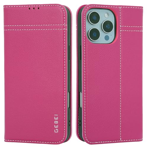 Gebei Hülle Echt Leder für iPhone 16 Pro Max (6,9") - Premium Echte Lederhülle mit Standfunktion Kartenfach Magnetverschluss Flip Case Ledertasche Han