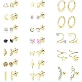 18 Pairs Stainless Steel Stud Earrings Set For Women Men Star Moon Flower Heart Leaf Opal 20G Cartilage Earrings Hypoallergenic Flatback Earrings Piercing Jewelry Silver